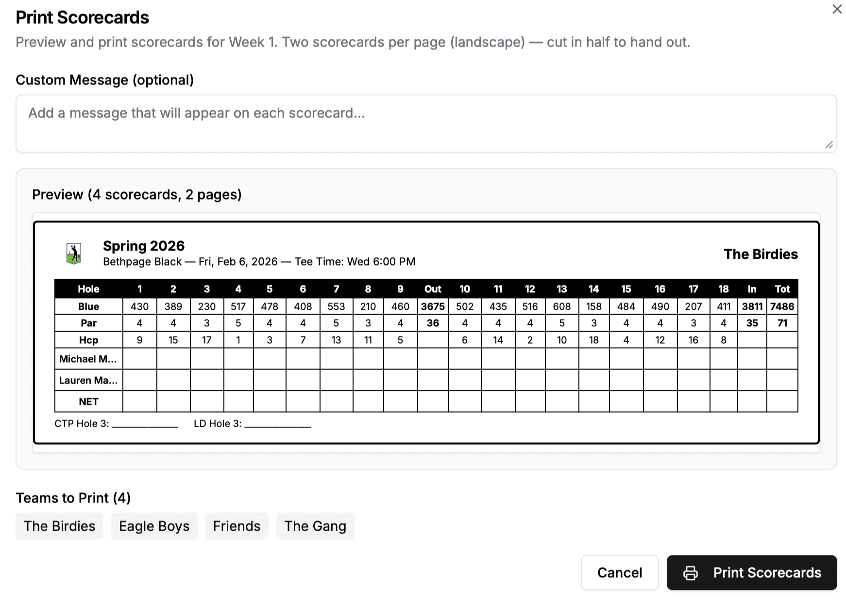 Printable Scorecards & Weekly Recaps